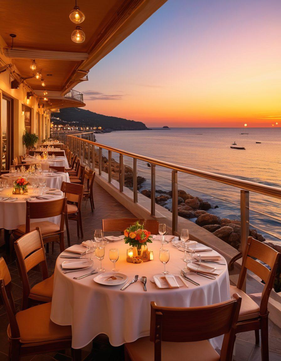 A picturesque seaside restaurant at sunset with elegant tables set with gourmet seafood dishes and Italian pasta, overlooking a serene ocean. The ambiance is warm with soft glowing lights and gentle waves in the background, creating a perfect blend of luxury and tranquility for an unforgettable dining experience. Paint the scene with vibrant, inviting colors. super-realistic. vibrant colors.