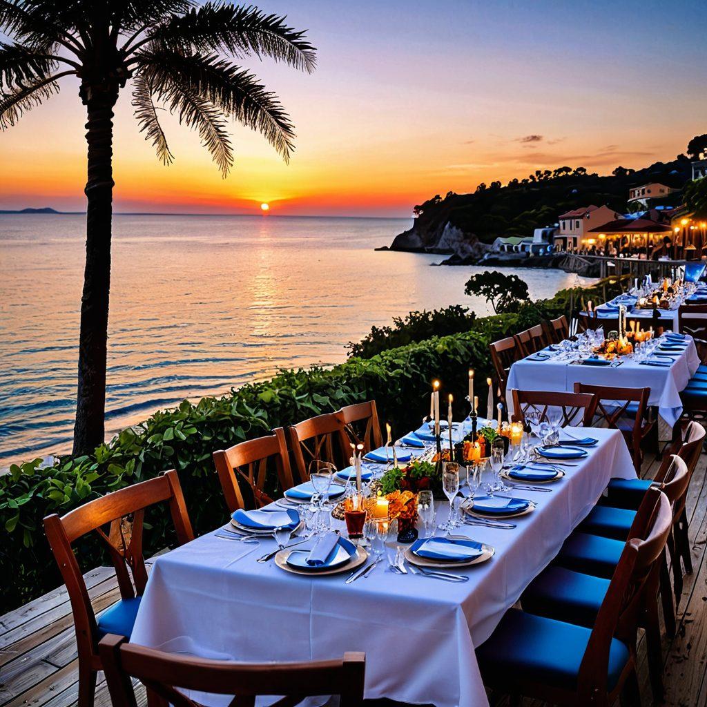 A picturesque beachfront scene at sunset with elegantly set tables on a wooden deck, serving traditional Italian dishes like spaghetti, risotto, and fresh seafood. The azure ocean stretches to the horizon with gentle waves, and diners are enjoying their meals with smiles and wine glasses raised. Lush greenery frames the setting, adding to the serenity and elegance of the dining experience. super-realistic. vibrant colors. warm, inviting atmosphere.